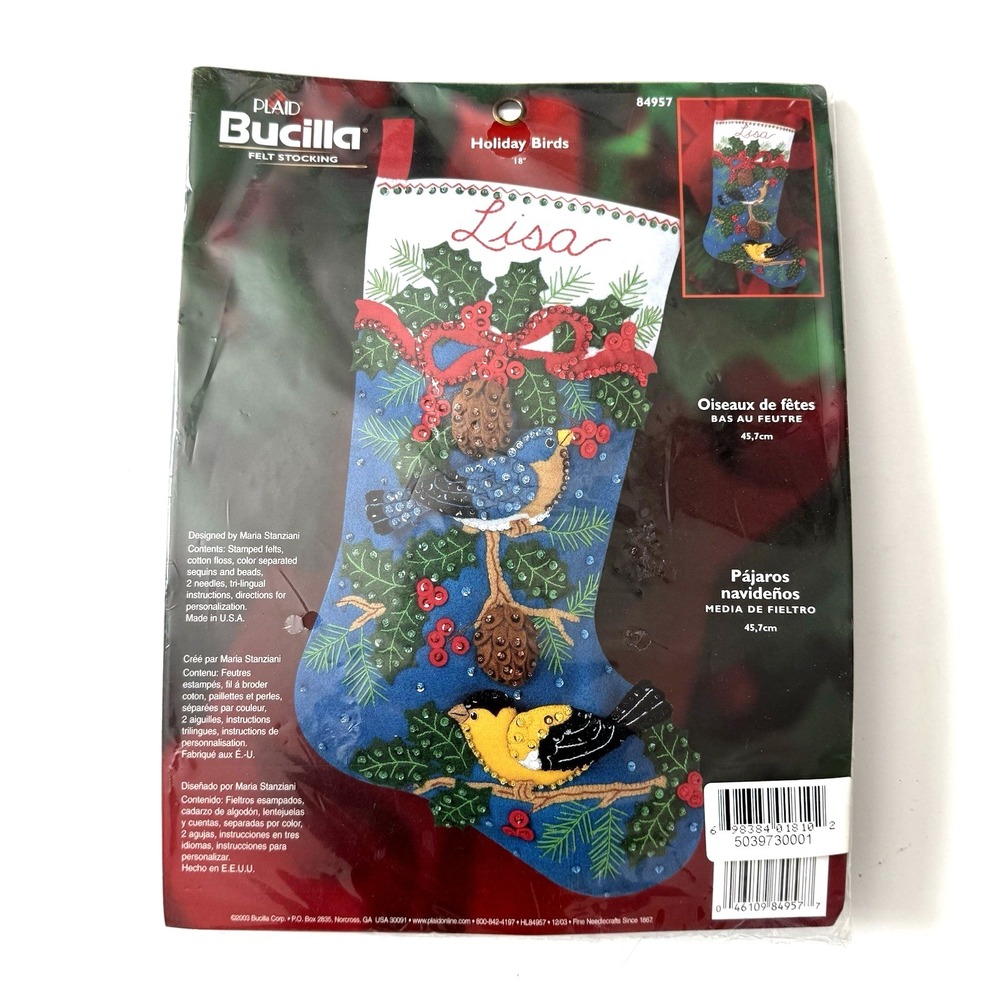 New Vtg Bucilla Xmas Stocking Kit 18" 84957 Holiday Bird Embroidered Sequin Bead